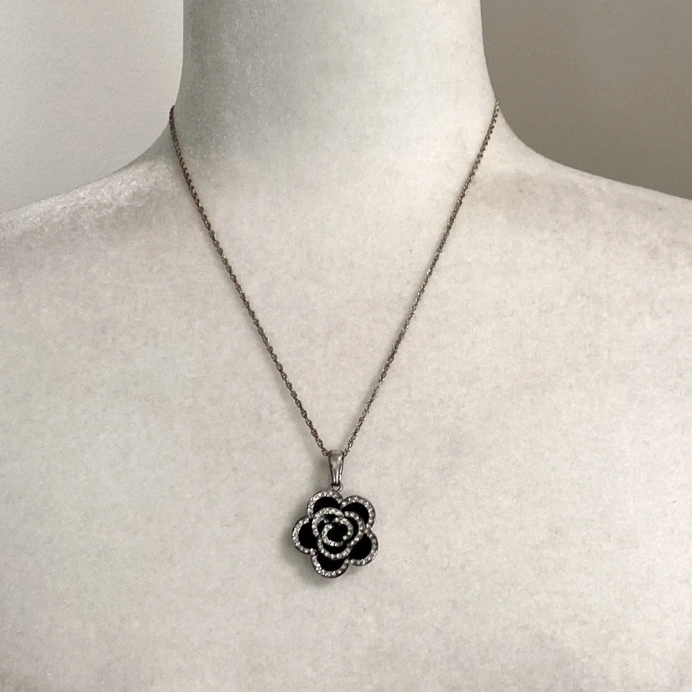 Black Camellias Flower Luxury Style Crystal Accents Necklace - Picture 3 of 11